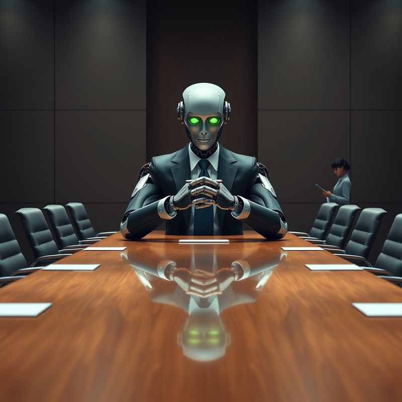 Robot CEO sitting at boardroom table with one nervous human assistant