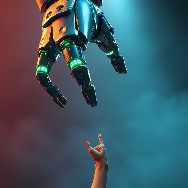 Massive robot hand reaching down to shake tiny trembling human hand