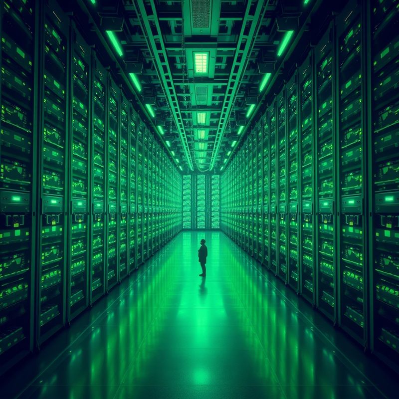 Massive server room with endless green-lit racks and a single tiny human figure for scale