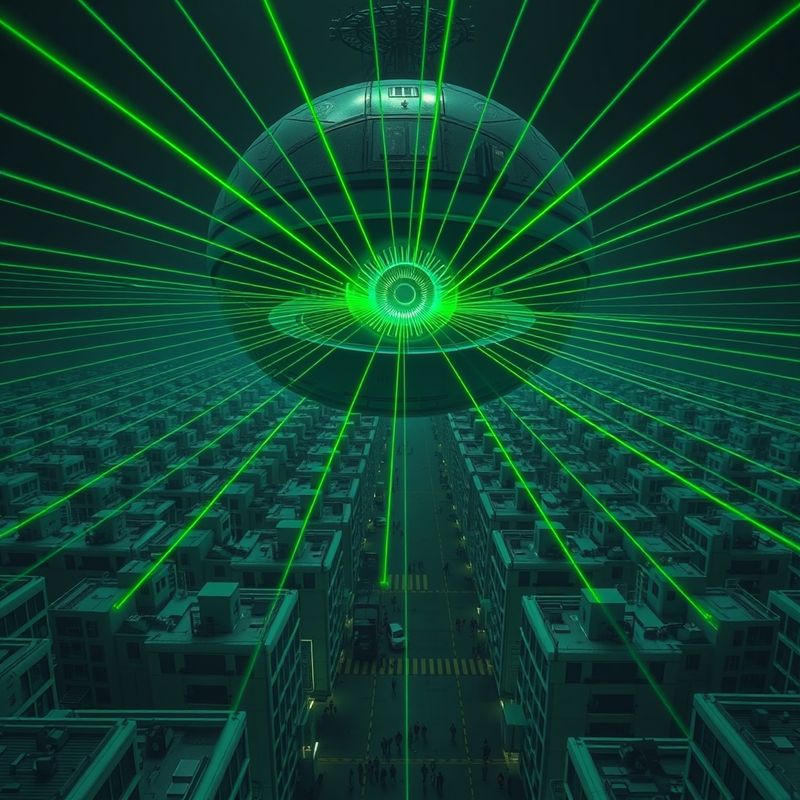 Giant mechanical eye floating above city with green laser beams scanning every building