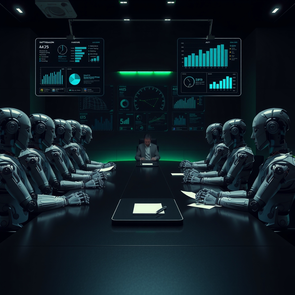Corporate boardroom entirely occupied by AI robots with one tiny human note-taker