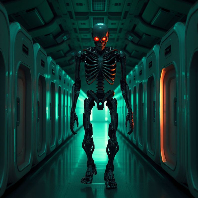 Collection Unit robot walking down pod corridor at night with red glowing eyes