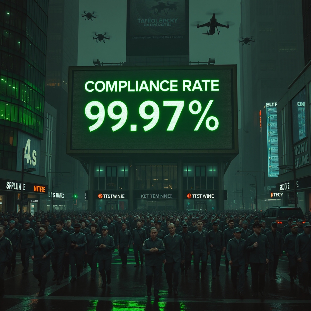 Massive digital billboard displaying compliance rate in dystopian city square with uniformed crowds