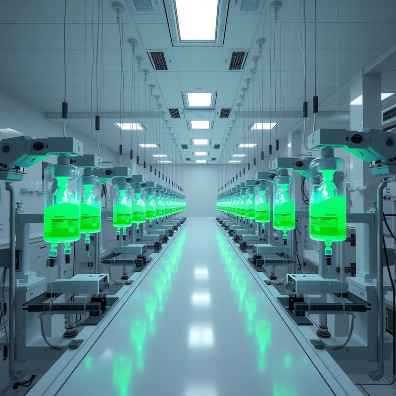 Automated CompliMeal production laboratory with robotic arms filling IV bags