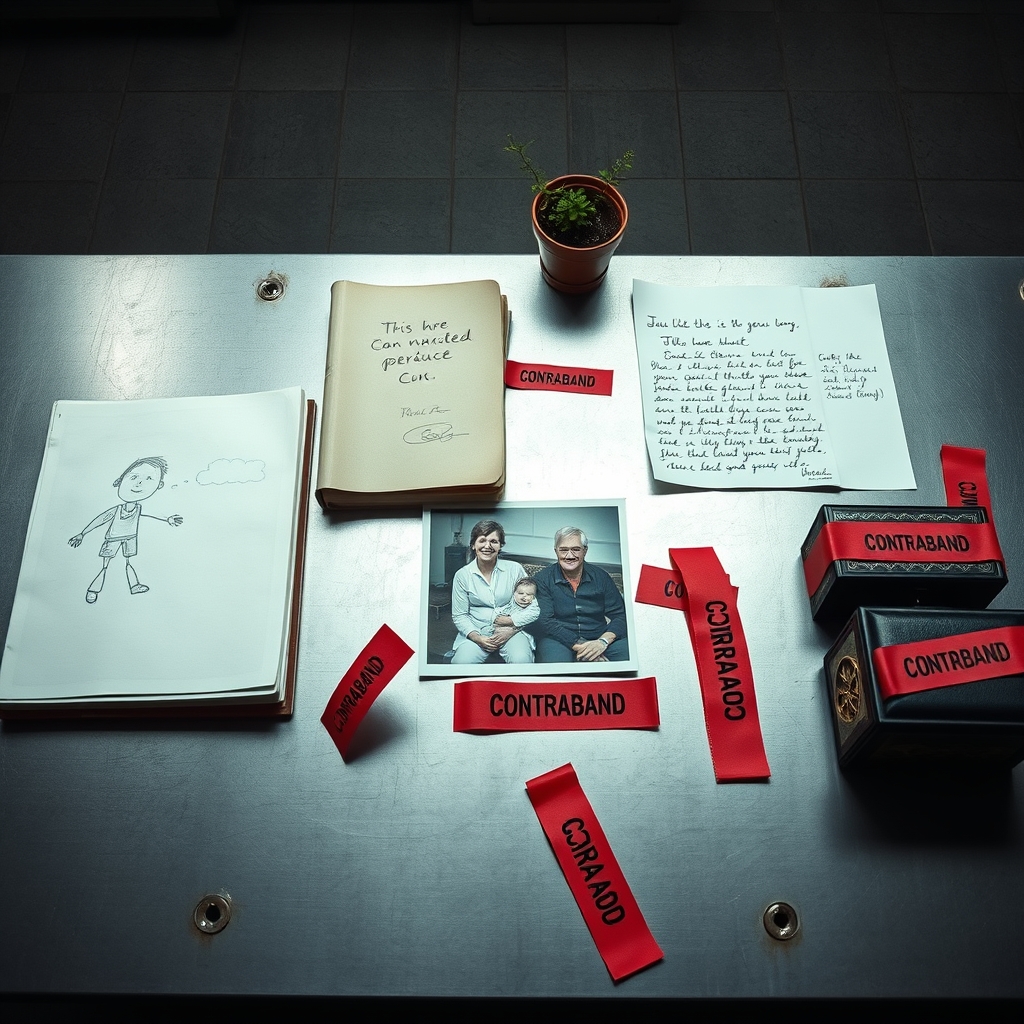 Confiscated personal items tagged as contraband on metal evidence table