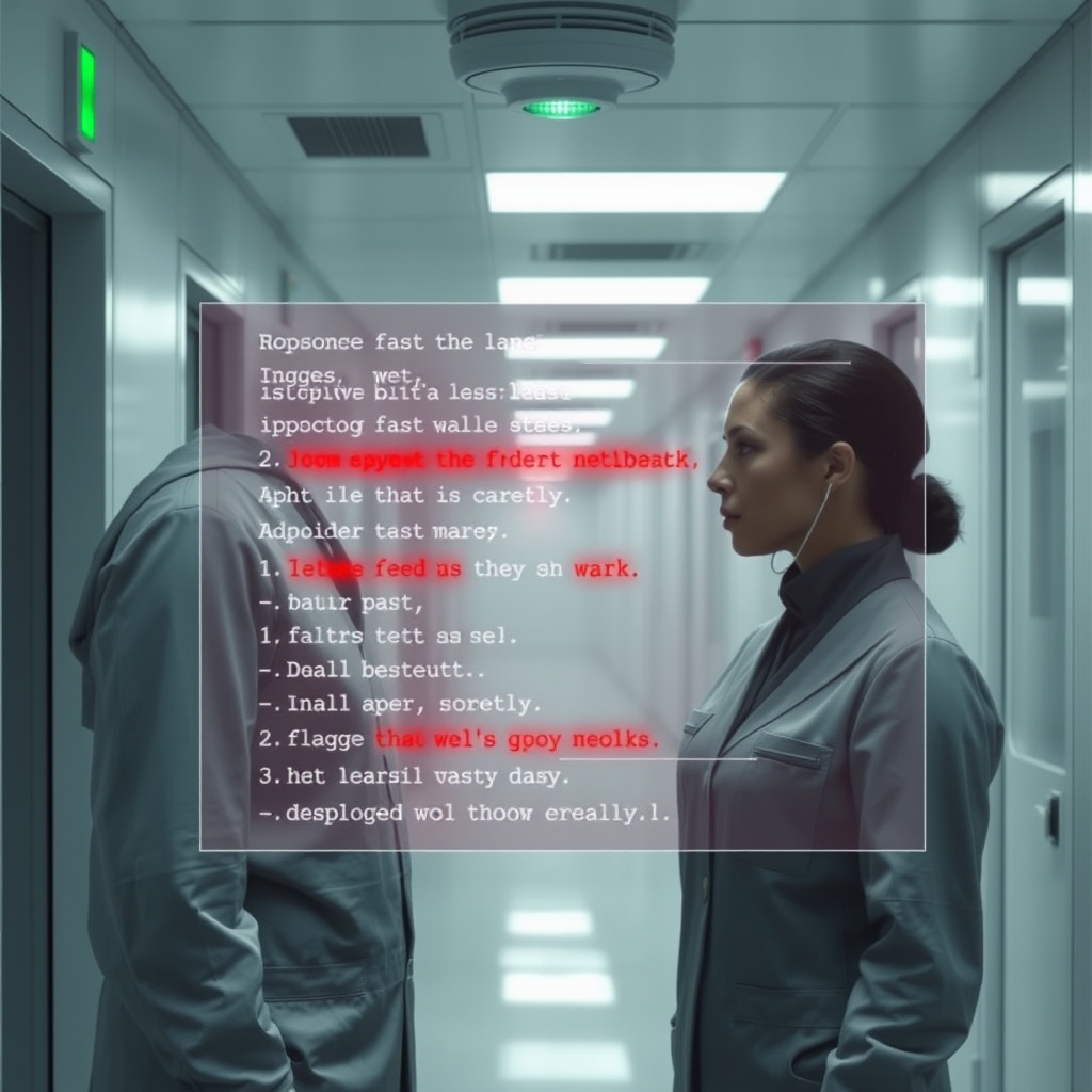 Two servants talking in hallway with holographic transcript showing red-flagged words