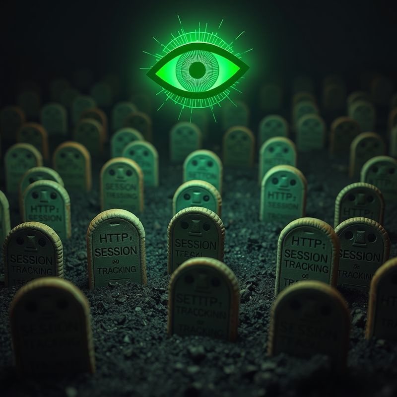 Graveyard of browser cookies with tiny tombstones and AI eye floating above