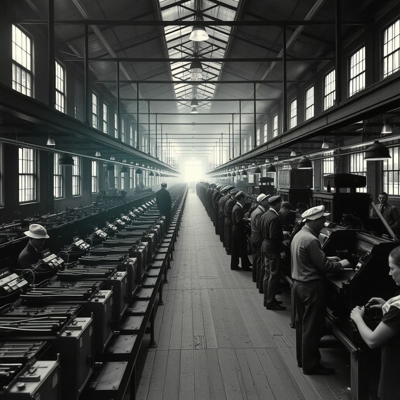 Vintage factory workers at assembly line with holographic AI data overlay