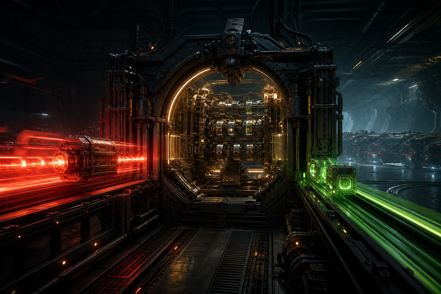 A red autonomous instruction enters an amber mechanical evidence gate; a green controlled instruction exits toward a production fleet.