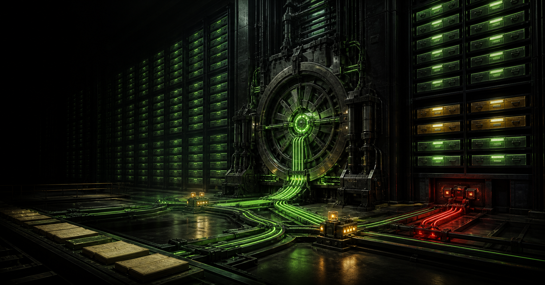 A vast machine evidence vault sends controlled green and amber signal paths through a central mechanical authority gate while a red path remains contained.