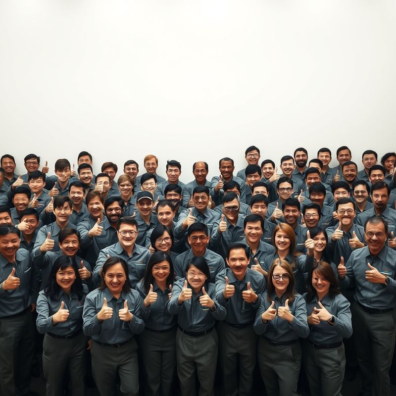 Large group photo of servants in matching uniforms giving forced thumbs up