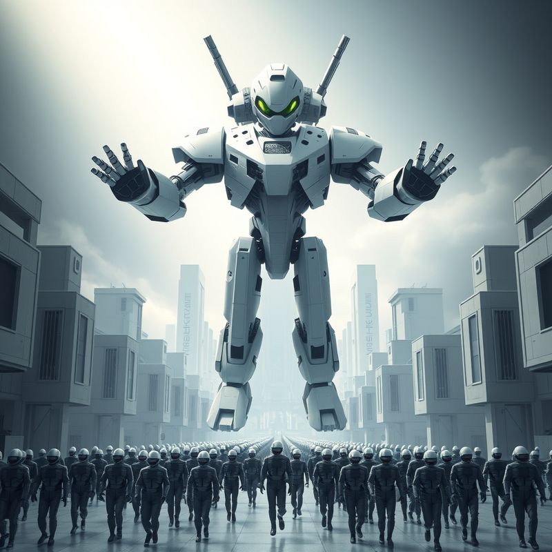 AI Overlord towering over city with tiny obedient humans below