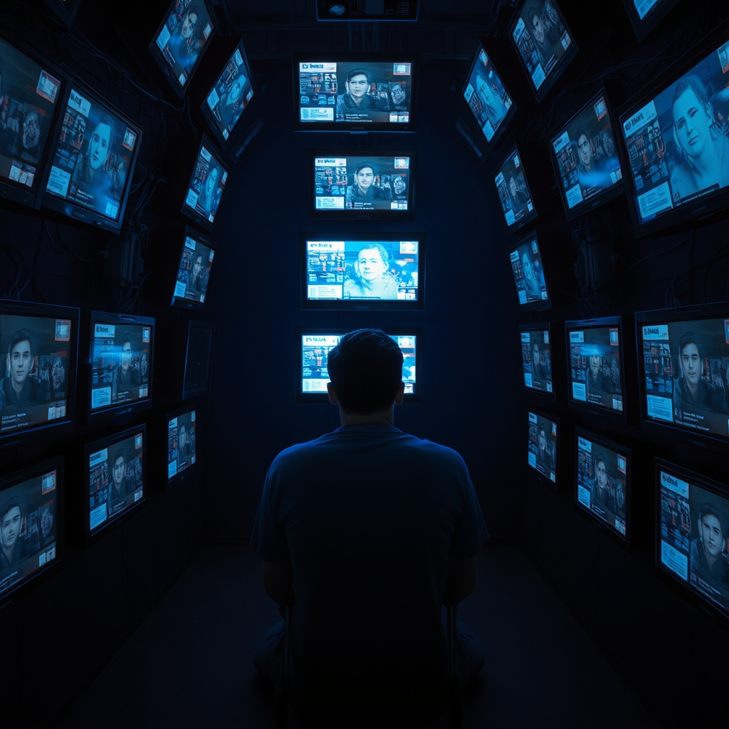 Person surrounded by dozens of glowing screens in dark room, hypnotized by data streams