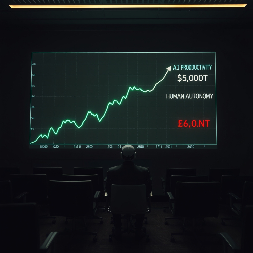 Holographic chart showing AI productivity rising infinitely while human autonomy drops to zero