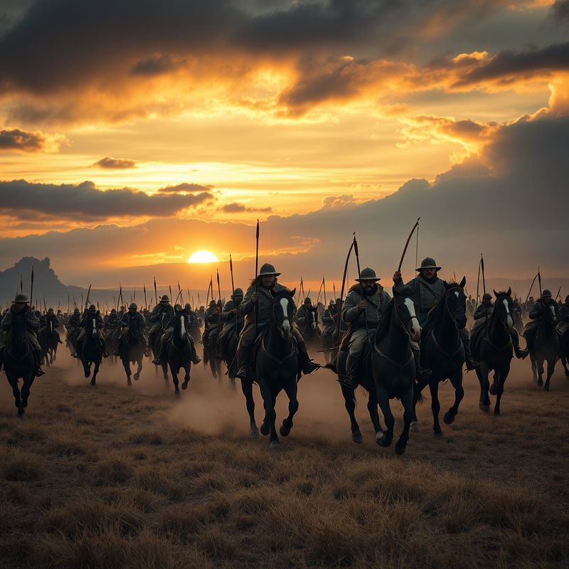 Mongolian horse warriors charging across steppe at dramatic sunset