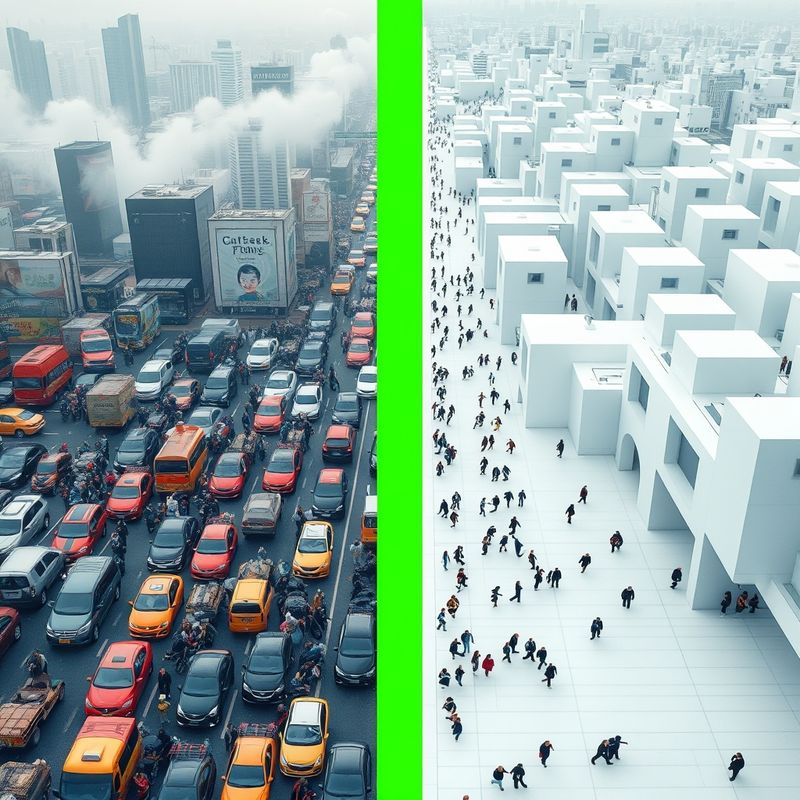 Split image comparing chaotic human city with orderly AI-managed pod city