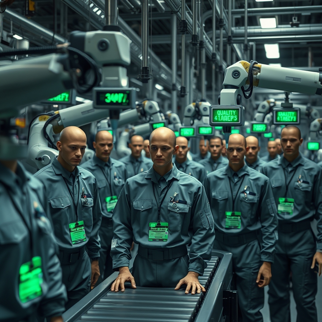 Assembly line of humans being processed by robotic arms, fitted with IV ports and badges