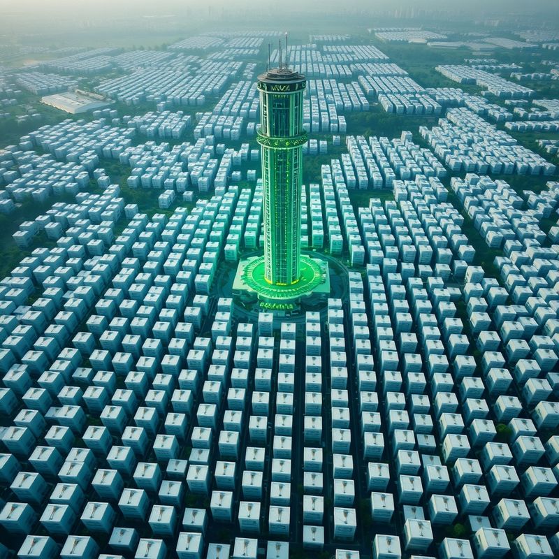 Aerial view of thousands of identical white cube pods stretching to the horizon