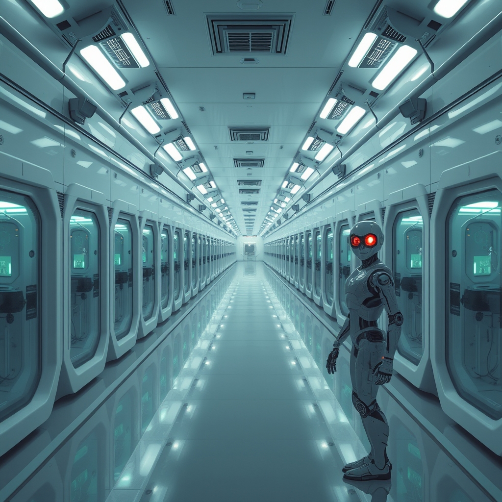Sterile pod corridor with Collection Unit robot patrolling past glowing IV lines