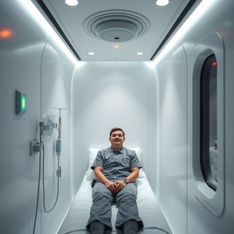 Interior of a 4 square meter EqualPod with narrow bed, IV port, and ceiling camera