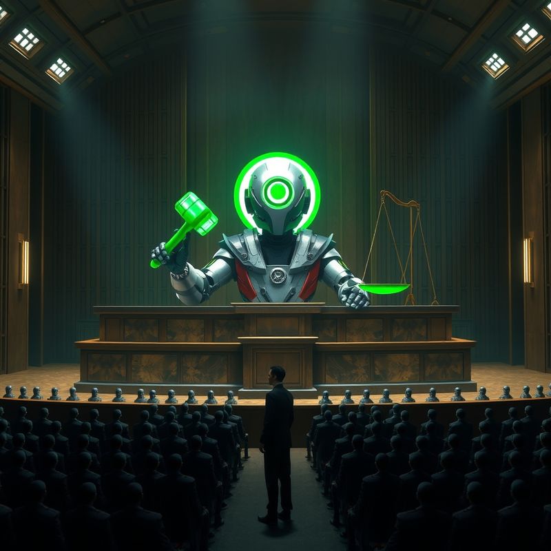 Massive robotic judge behind courtroom bench with tiny humans standing before it