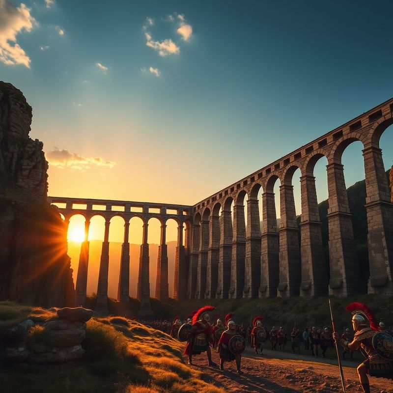 Massive Roman aqueduct stretching across valley at golden sunset