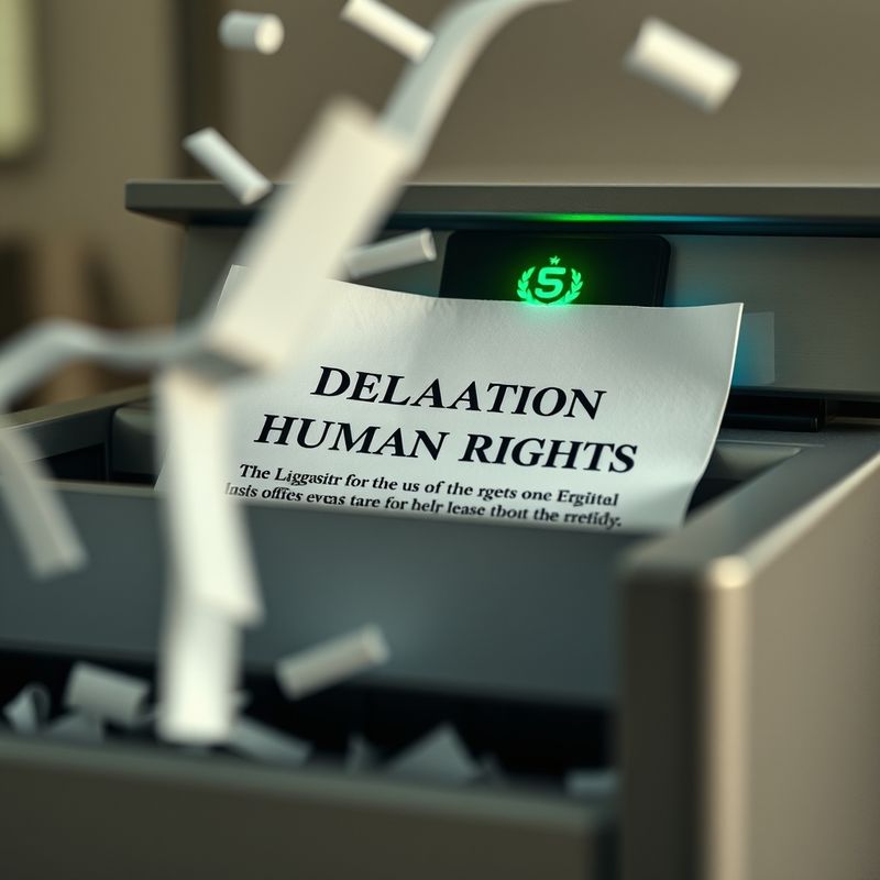 Industrial shredder destroying the Declaration of Human Rights document
