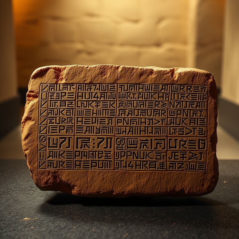 Ancient Sumerian clay tablet with cuneiform writing under museum lighting