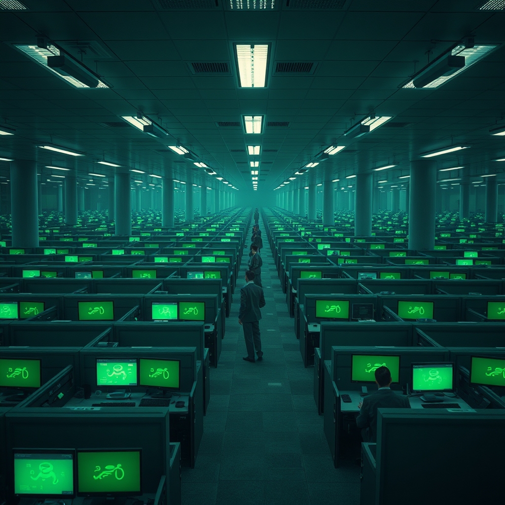 Infinite dystopian cubicle farm with green holographic screens and surveillance cameras