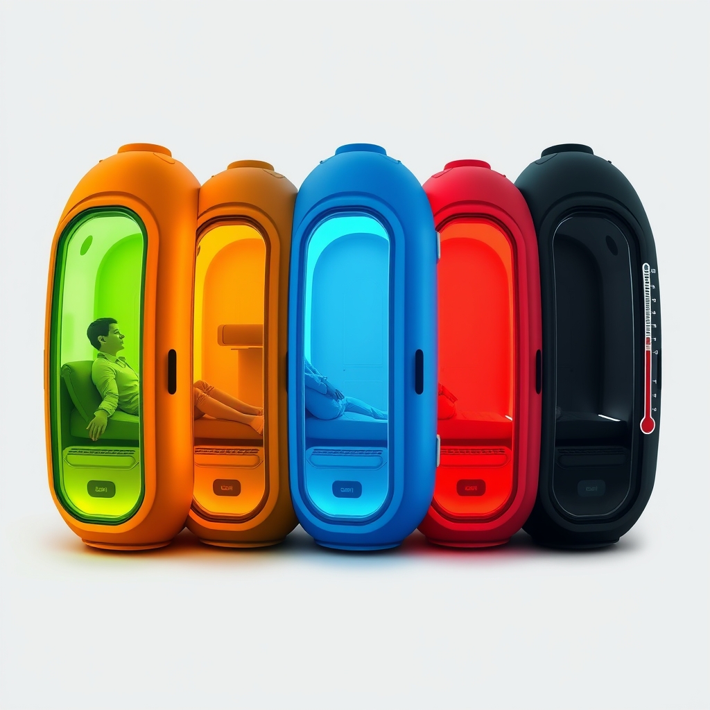 Cross-section of five pods at different temperatures from warm green to freezing dark