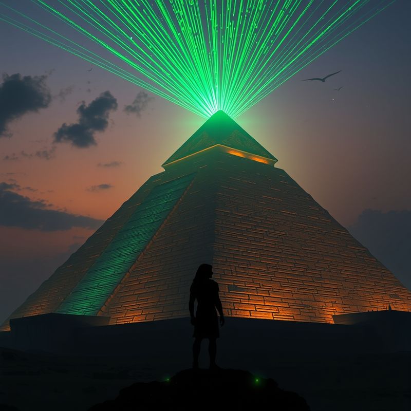 Egyptian pyramid at night with green holographic data streams flowing into the sky