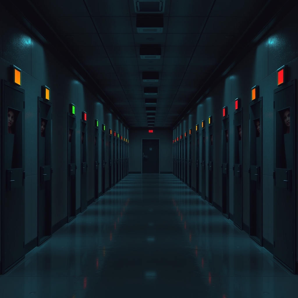 Dark corridor of doors with colored status lights - green, amber, red, and dark